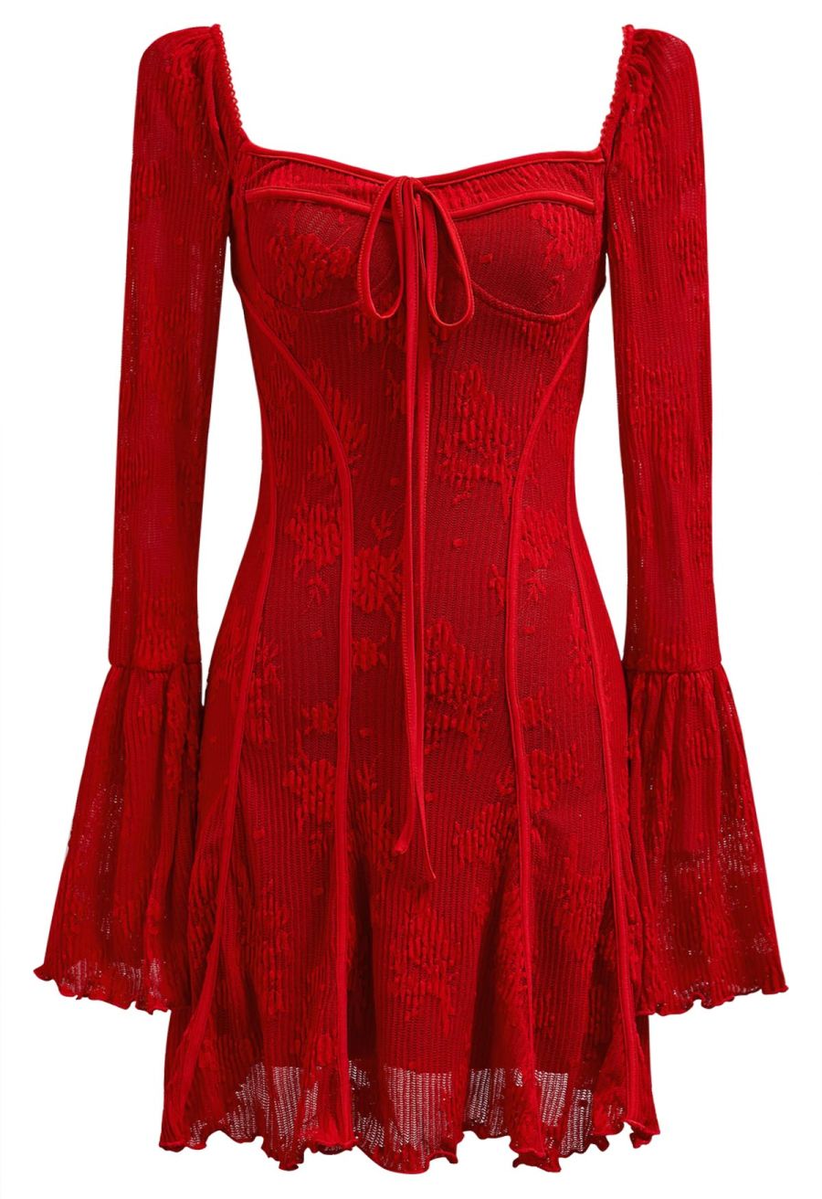 Square Neck Floral Binding Trimmed Mini Dress in Red
