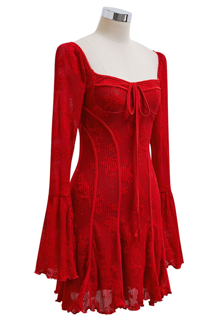 Square Neck Floral Binding Trimmed Mini Dress in Red