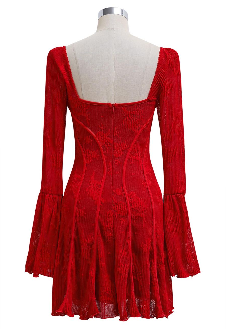 Square Neck Floral Binding Trimmed Mini Dress in Red