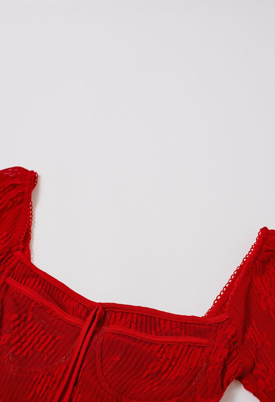 Square Neck Floral Binding Trimmed Mini Dress in Red