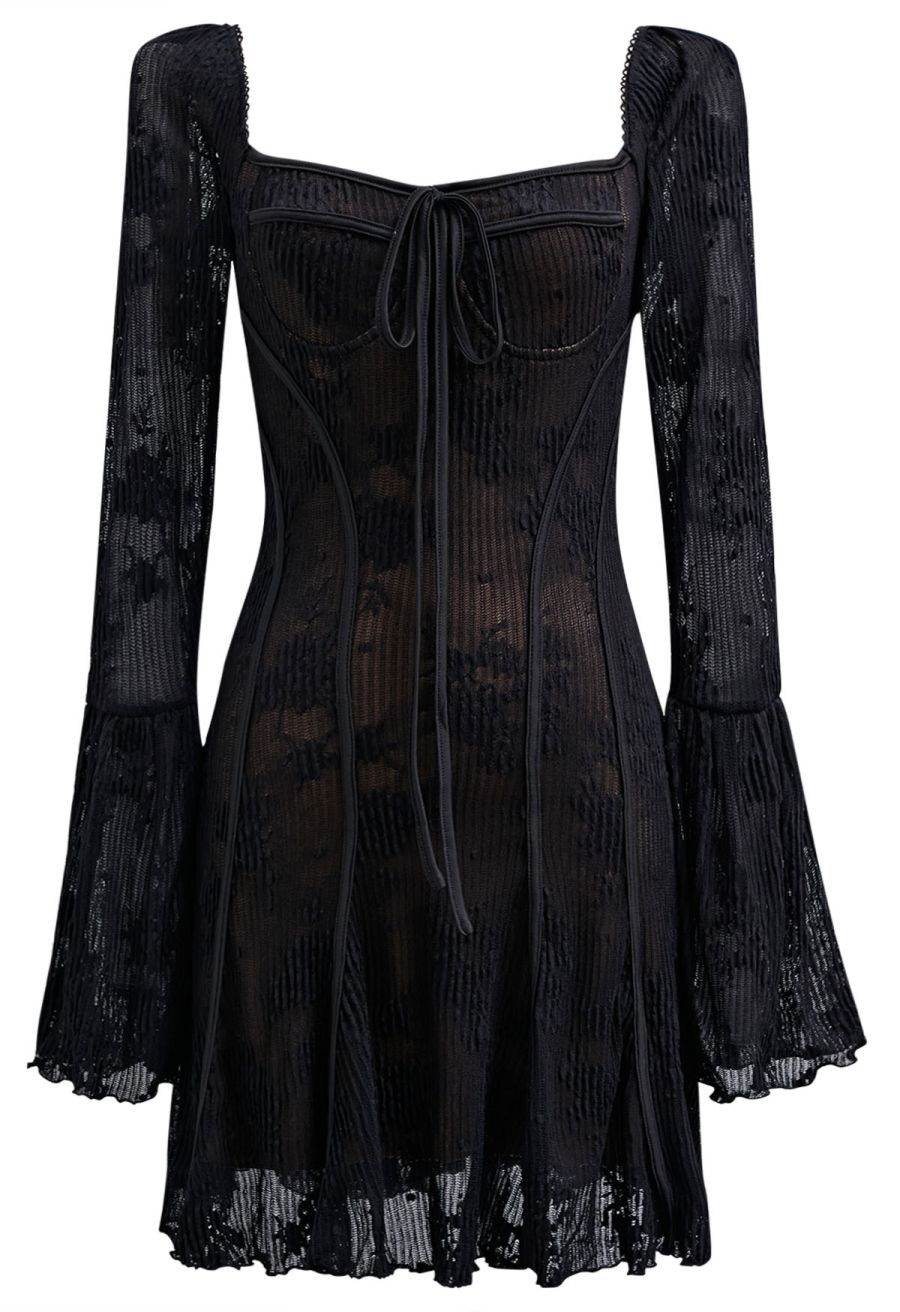 Square Neck Floral Binding Trimmed Mini Dress in Black