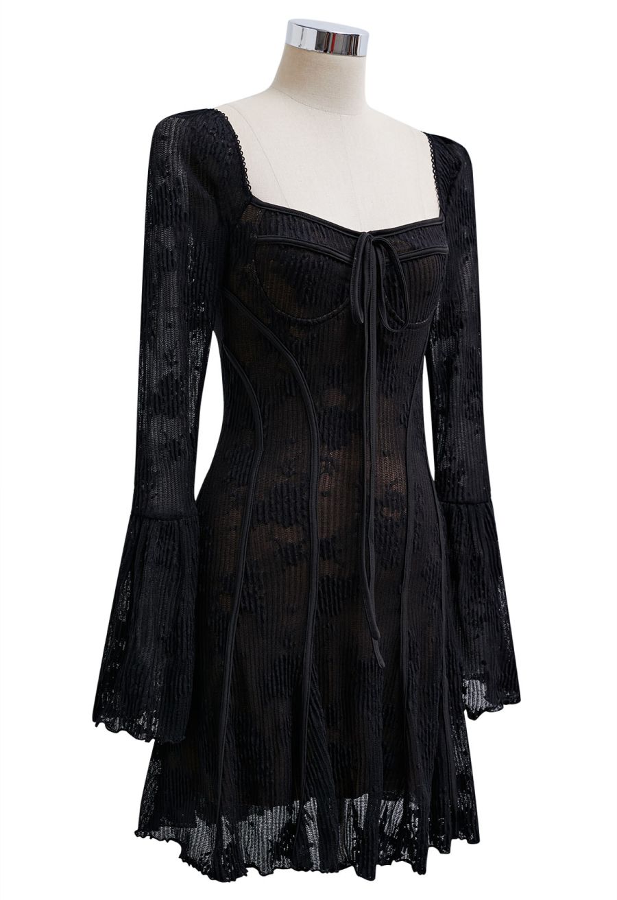 Square Neck Floral Binding Trimmed Mini Dress in Black