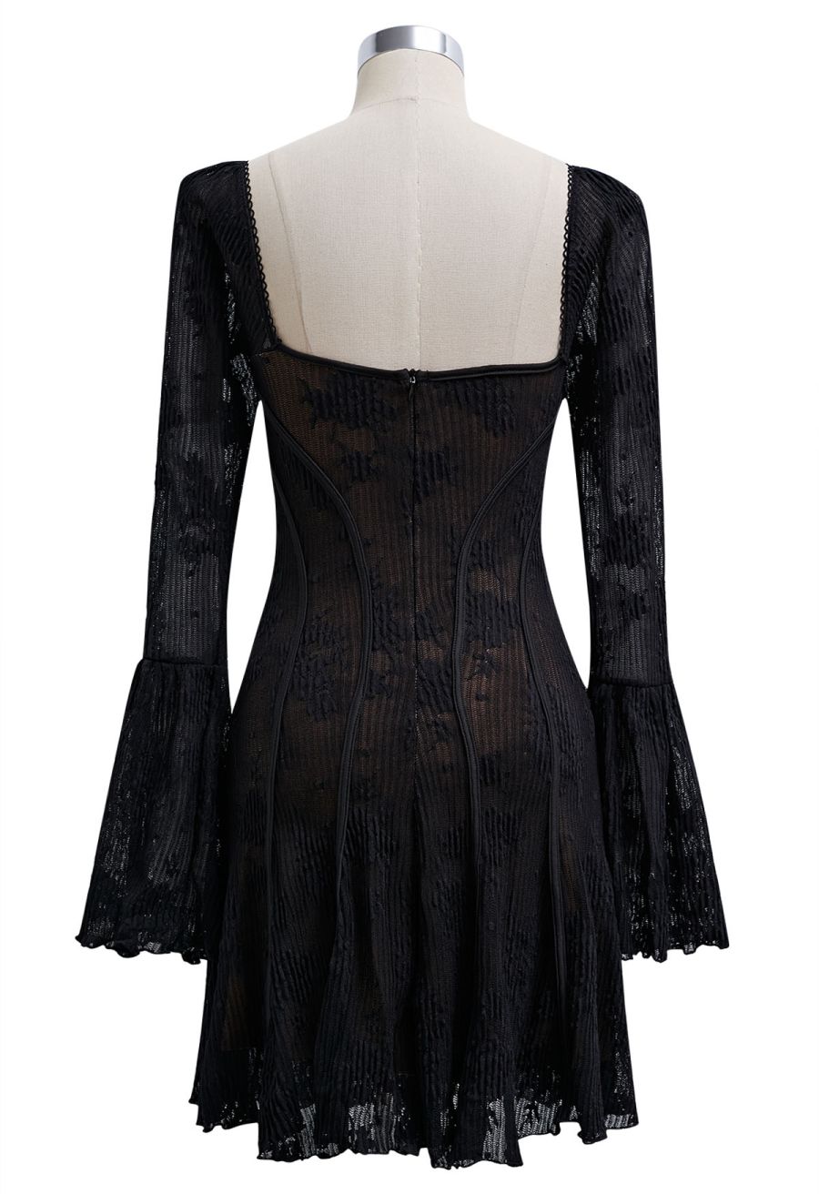 Square Neck Floral Binding Trimmed Mini Dress in Black
