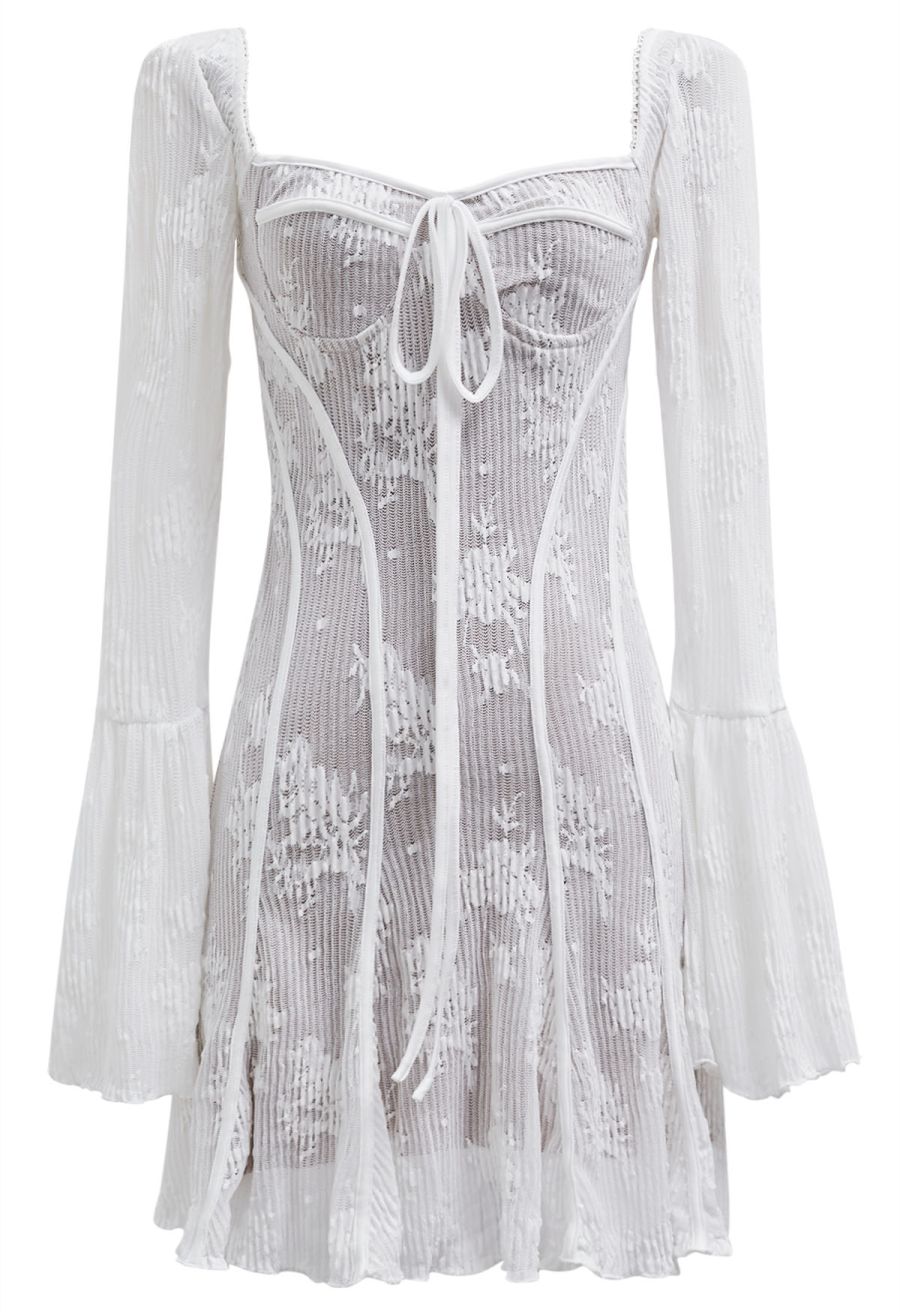 Square Neck Floral Binding Trimmed Mini Dress in White