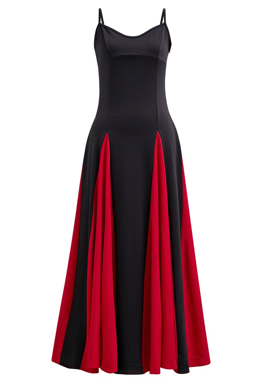 Stylish Contrast Color Panel Cami Maxi Dress in Red