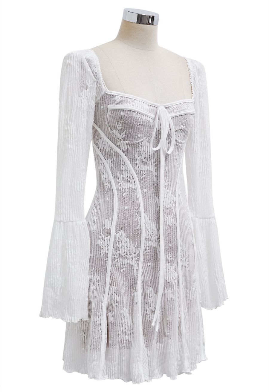 Square Neck Floral Binding Trimmed Mini Dress in White