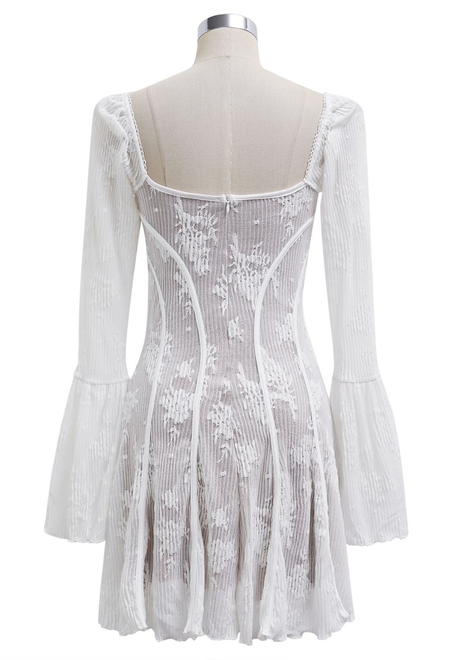 Square Neck Floral Binding Trimmed Mini Dress in White