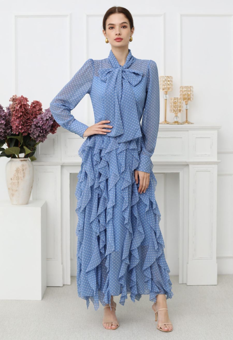 Cascade Ruffle Polka Dot Bowknot Chiffon Maxi Dress in Blue