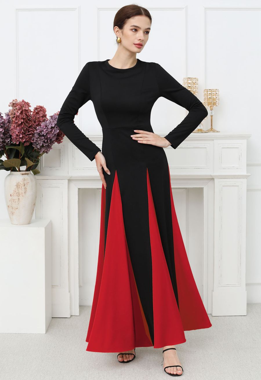 Long Sleeve Contrast Color Panel Maxi Dress in Red