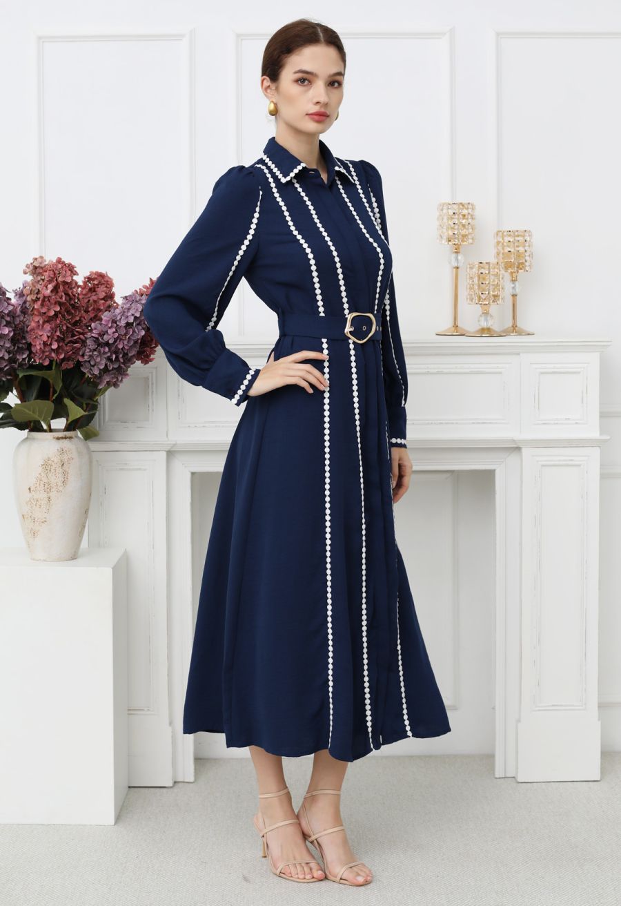 Crochet Stripe Collared Belted Buttoned Maxi Dress