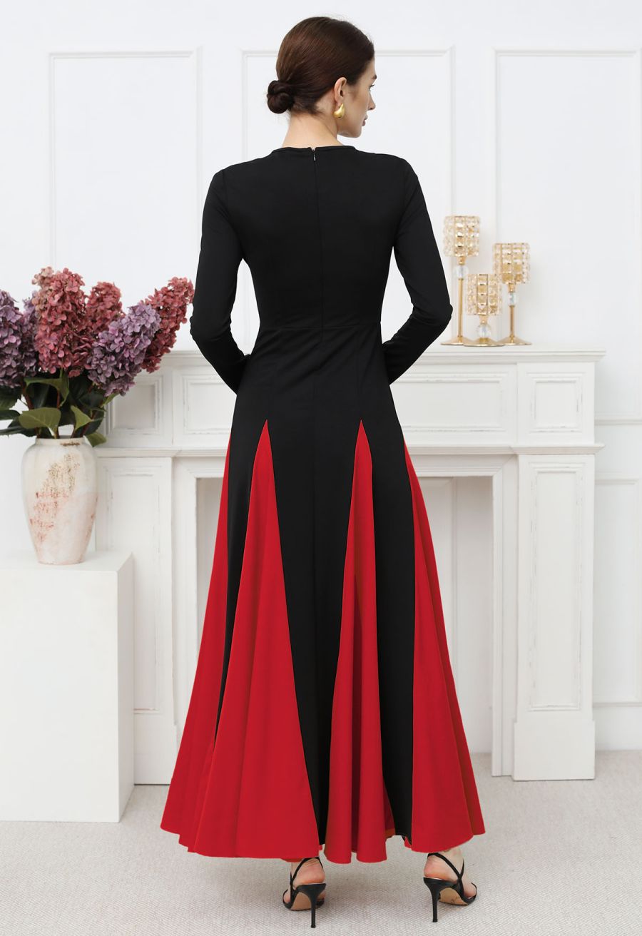 Long Sleeve Contrast Color Panel Maxi Dress in Red