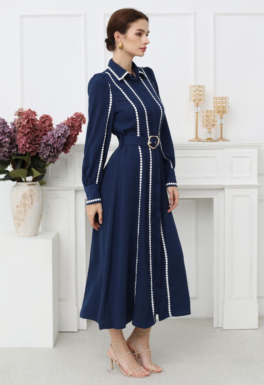 Crochet Stripe Collared Belted Buttoned Maxi Dress