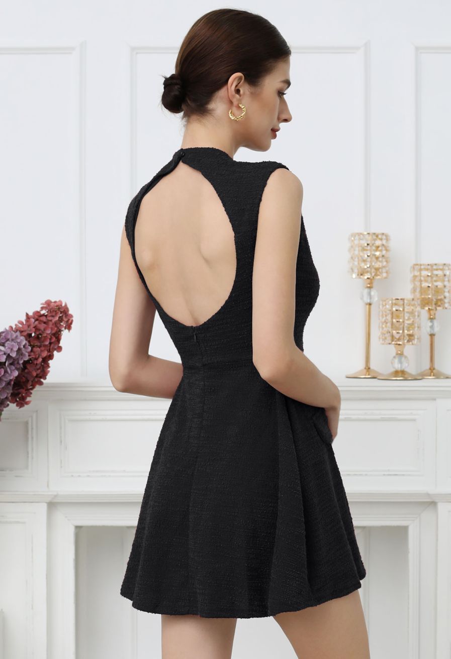 Open Back Sleeveless Tweed Mini Dress in Black