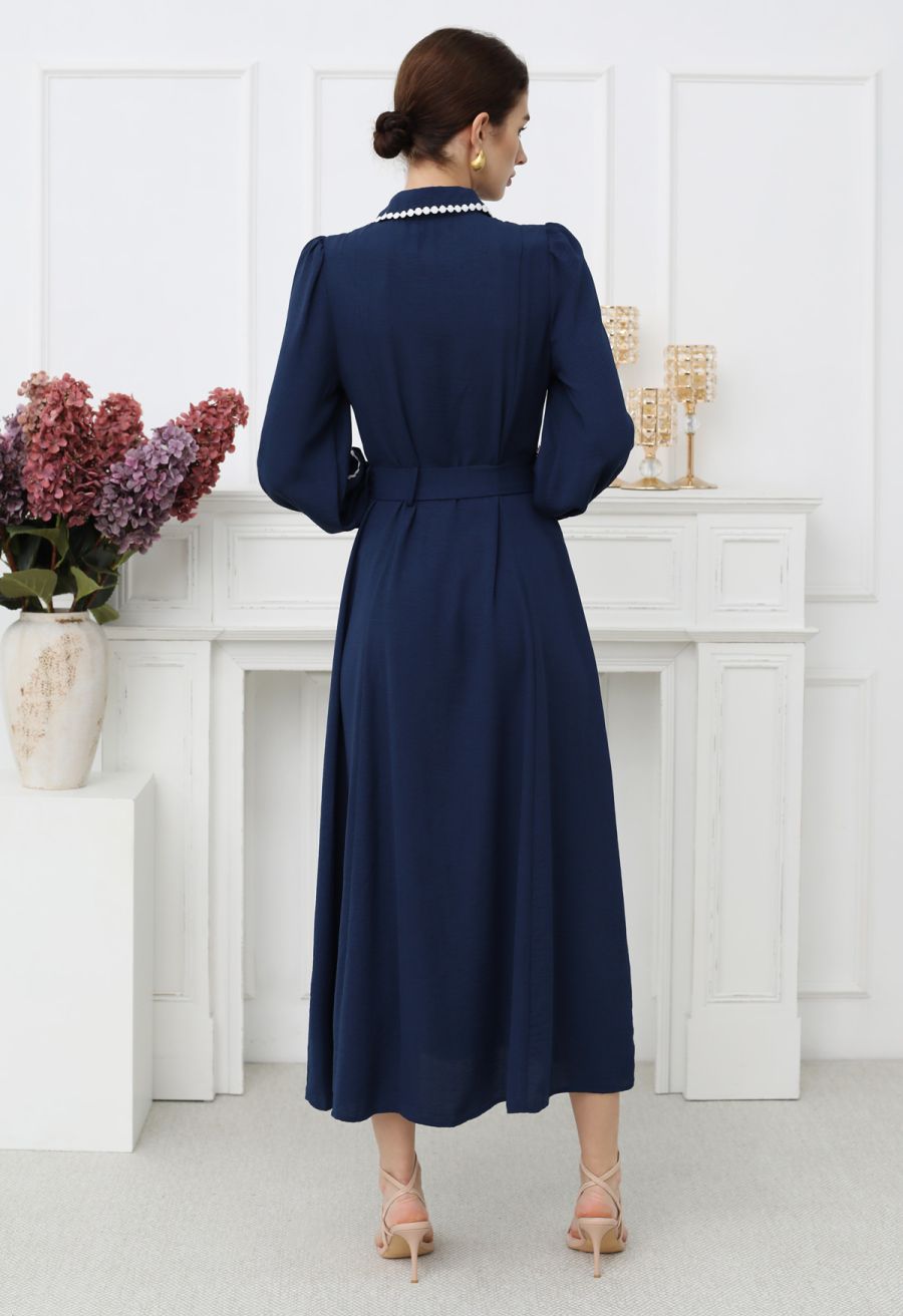 Crochet Stripe Collared Belted Buttoned Maxi Dress