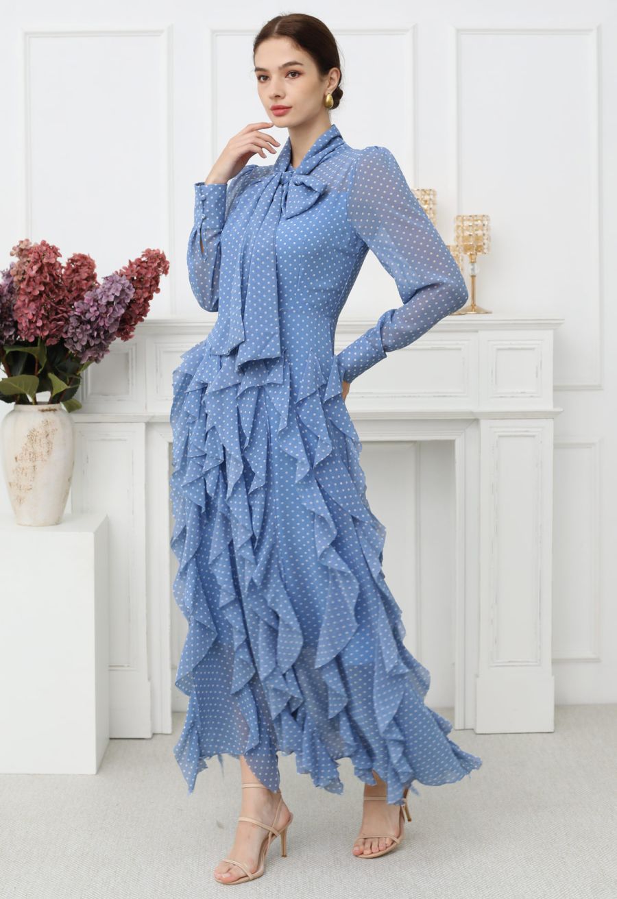 Cascade Ruffle Polka Dot Bowknot Chiffon Maxi Dress in Blue