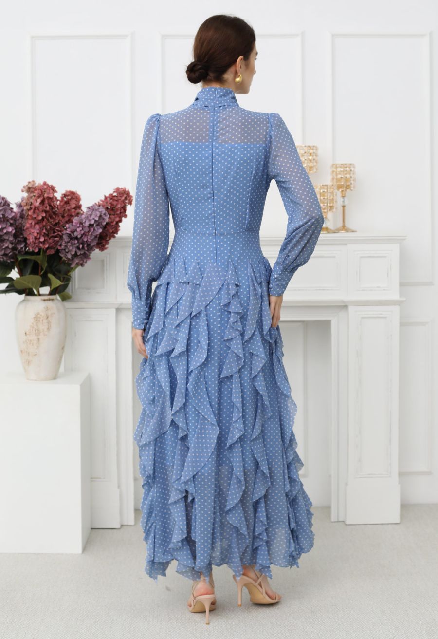 Cascade Ruffle Polka Dot Bowknot Chiffon Maxi Dress in Blue