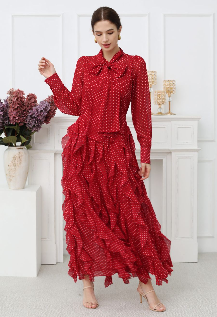 Cascade Ruffle Polka Dot Bowknot Chiffon Maxi Dress in Red