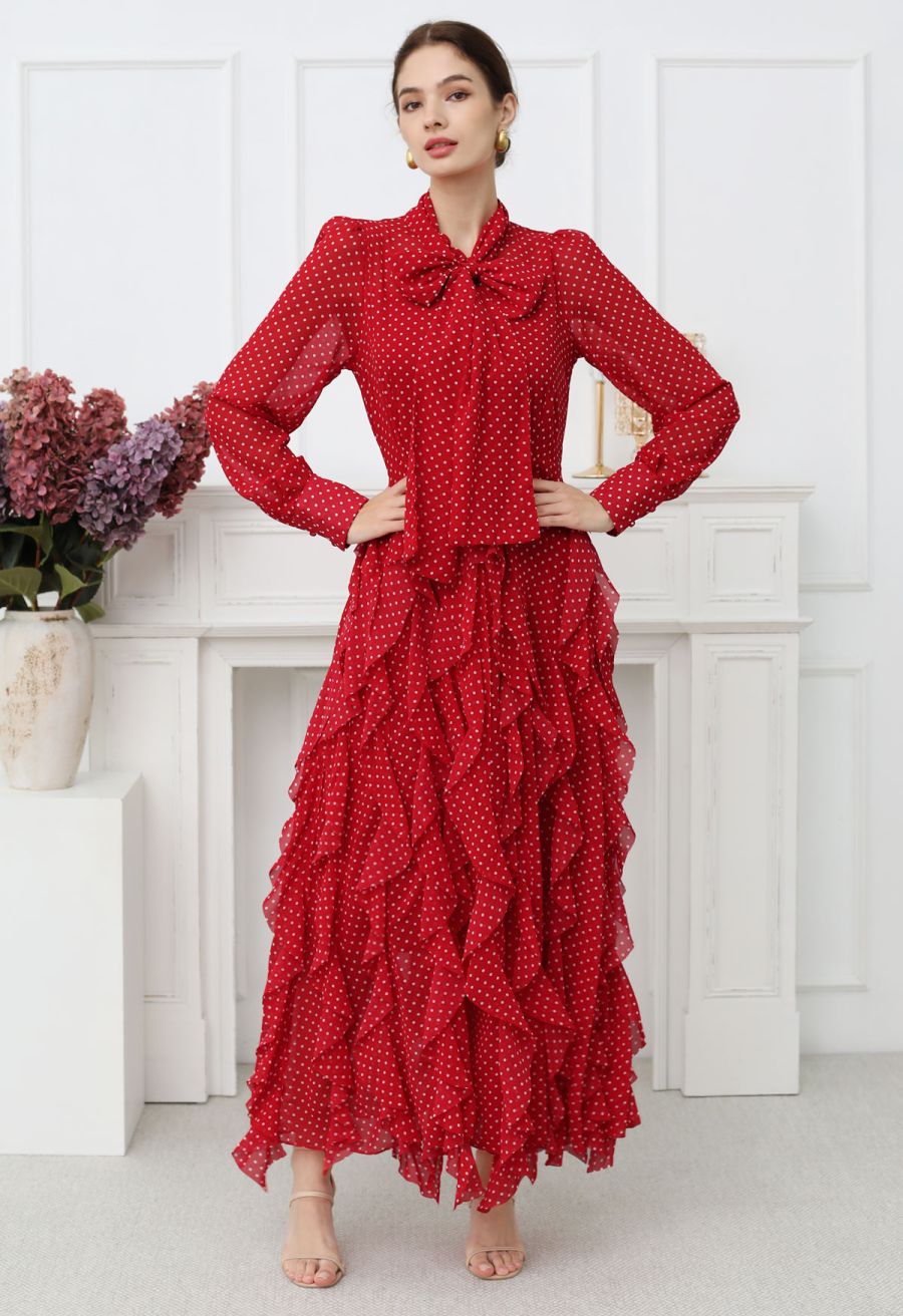 Cascade Ruffle Polka Dot Bowknot Chiffon Maxi Dress in Red