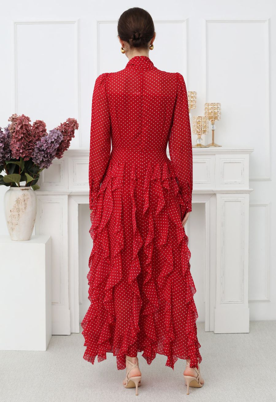 Cascade Ruffle Polka Dot Bowknot Chiffon Maxi Dress in Red
