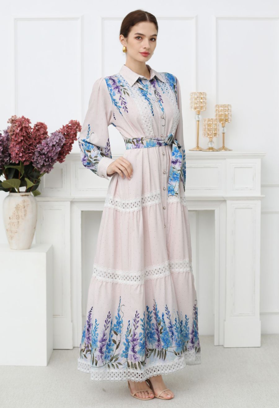 Glittering Lavender Print Lace Panel Buttoned Maxi Dress