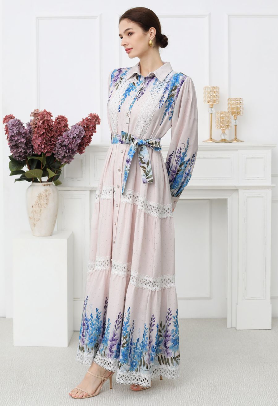 Glittering Lavender Print Lace Panel Buttoned Maxi Dress