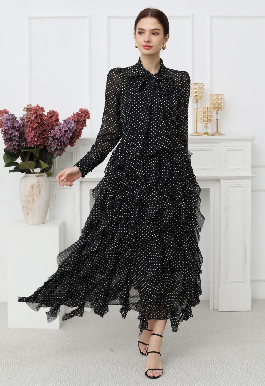 Cascade Ruffle Polka Dot Bowknot Chiffon Maxi Dress in Black