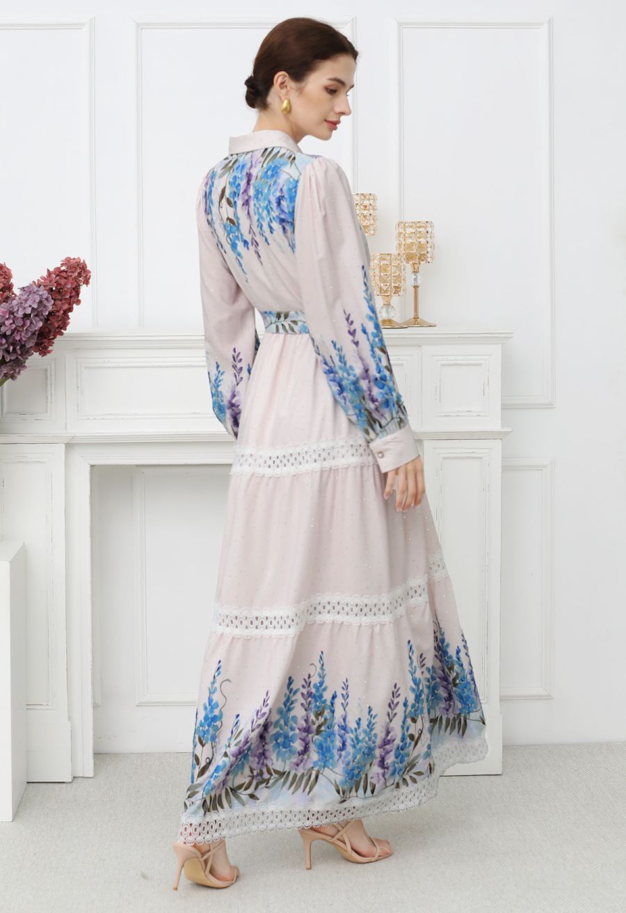 Glittering Lavender Print Lace Panel Buttoned Maxi Dress