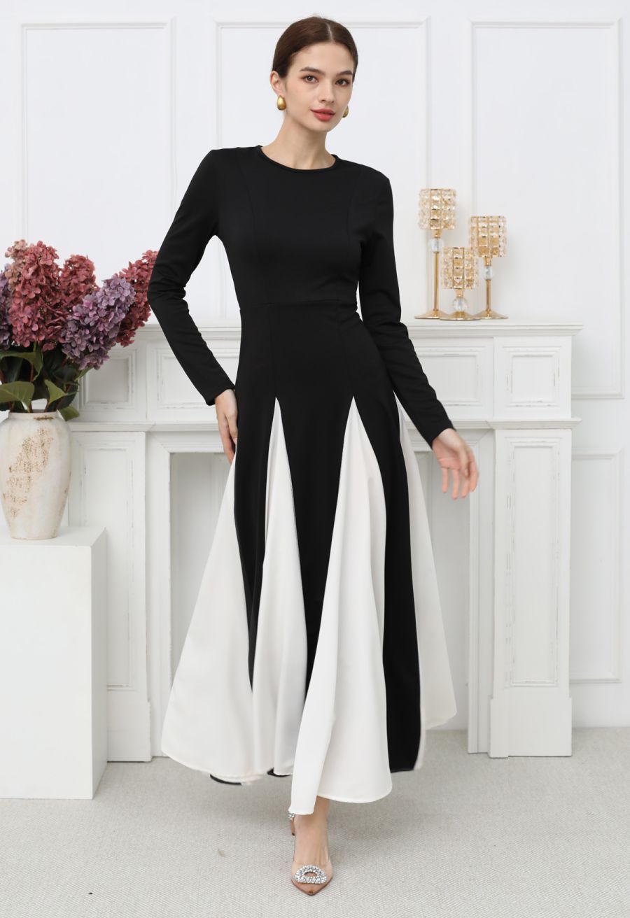 Long Sleeve Contrast Color Panel Maxi Dress in White