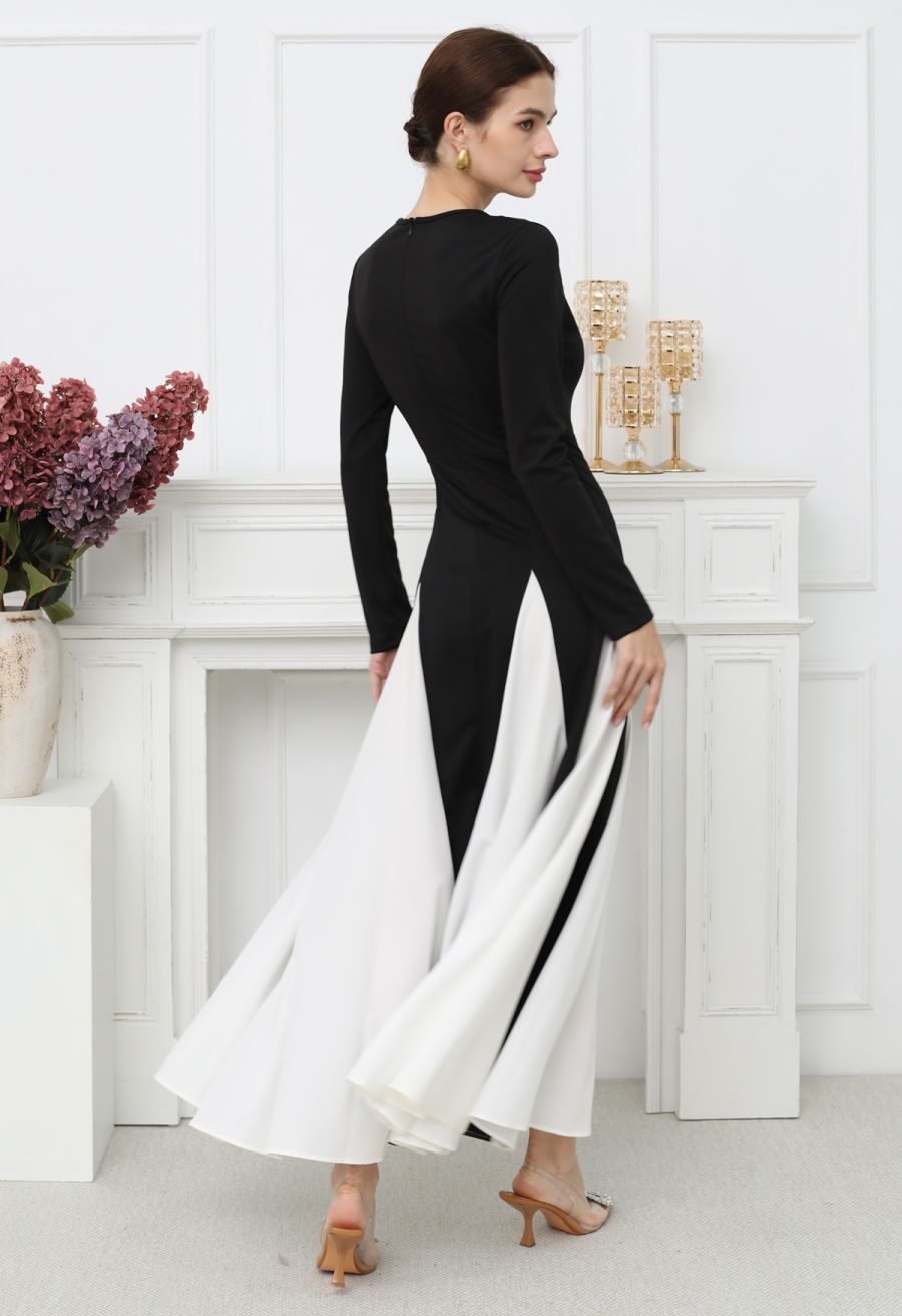 Long Sleeve Contrast Color Panel Maxi Dress in White