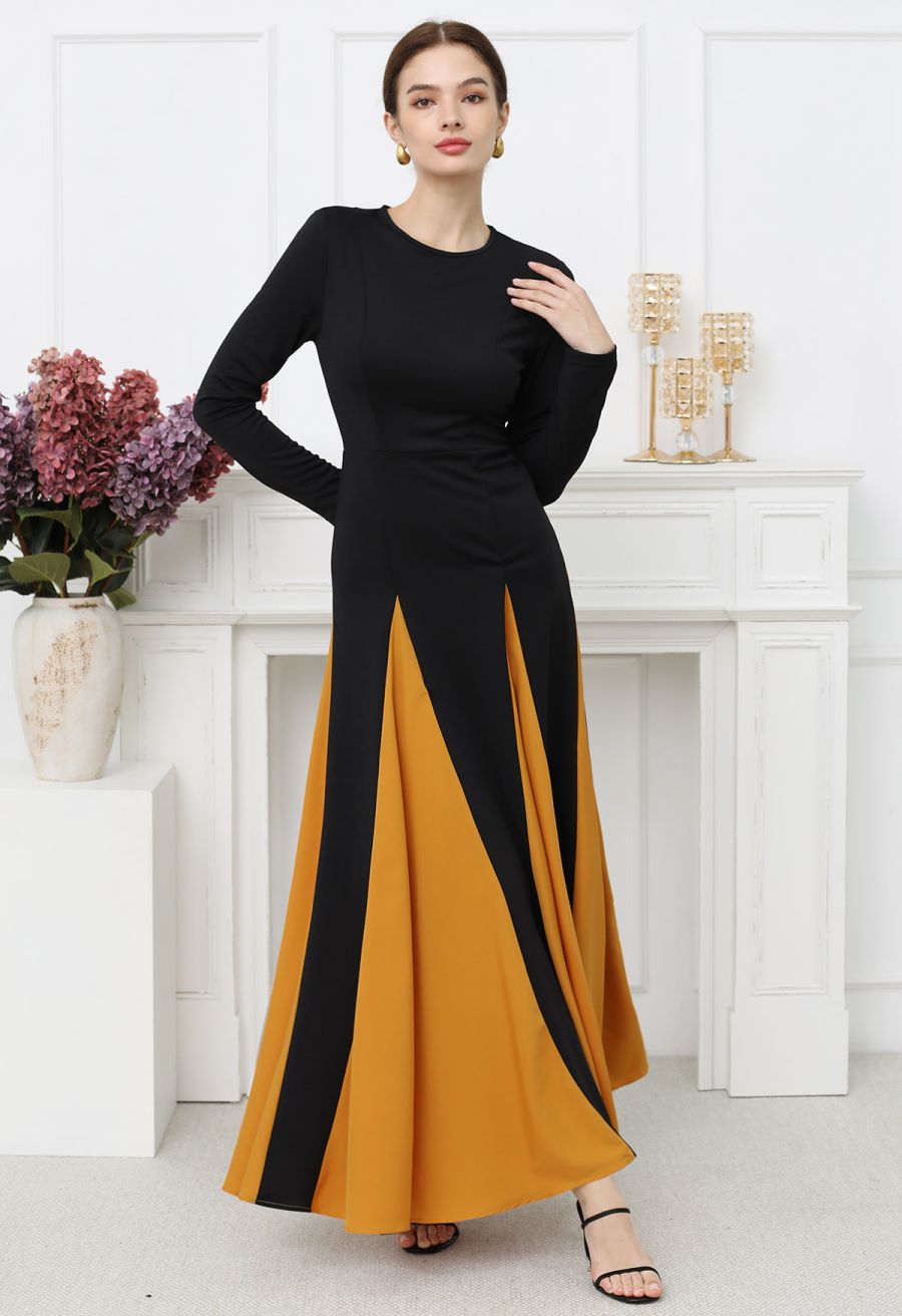 Long Sleeve Contrast Color Panel Maxi Dress in Pumpkin