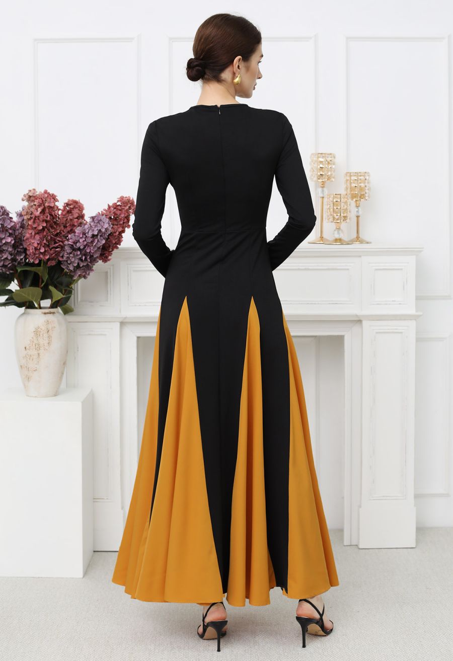 Long Sleeve Contrast Color Panel Maxi Dress in Pumpkin