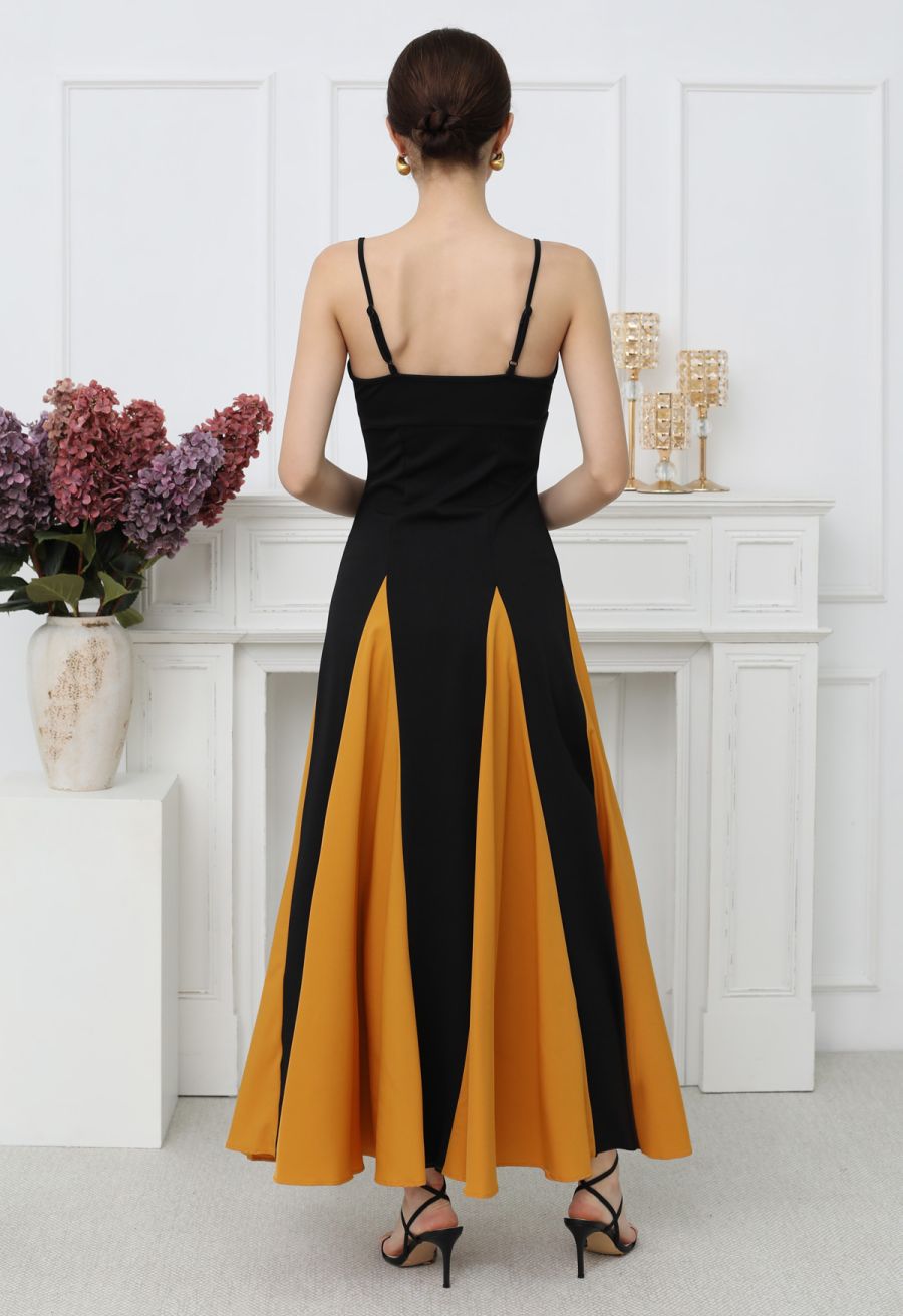 Stylish Contrast Color Panel Cami Maxi Dress in Pumpkin