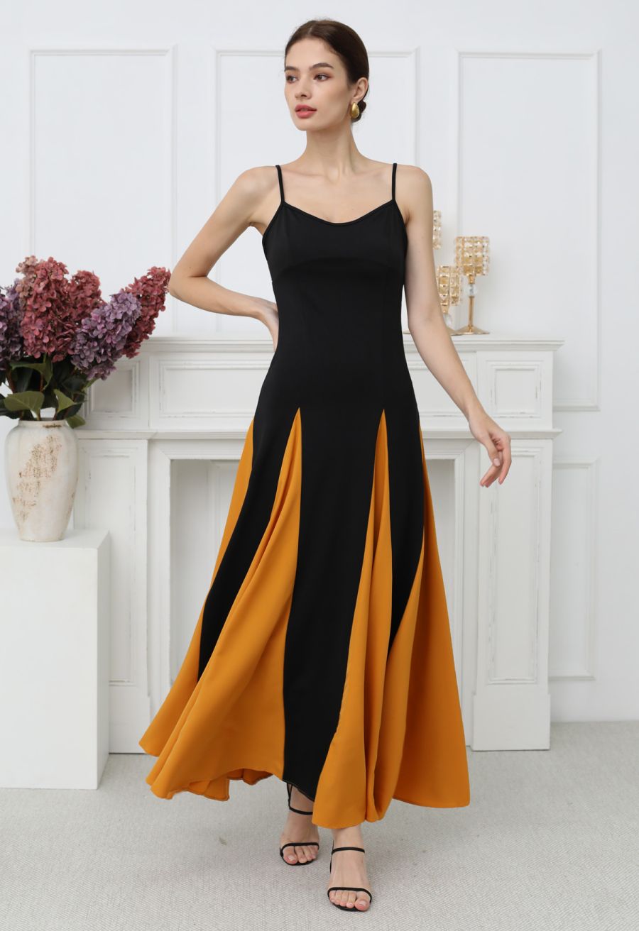 Stylish Contrast Color Panel Cami Maxi Dress in Pumpkin