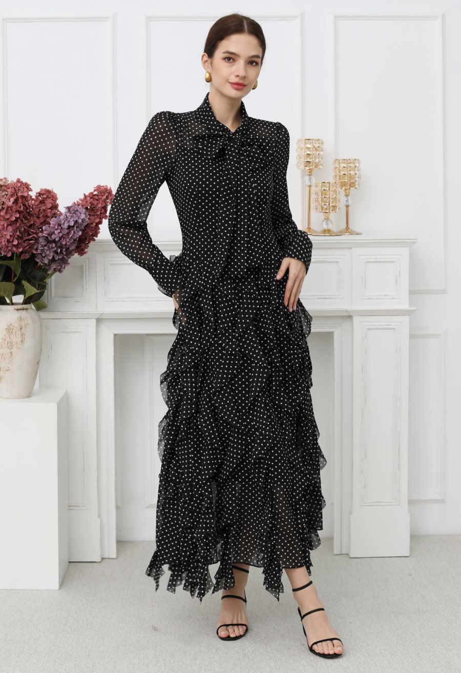 Cascade Ruffle Polka Dot Bowknot Chiffon Maxi Dress in Black