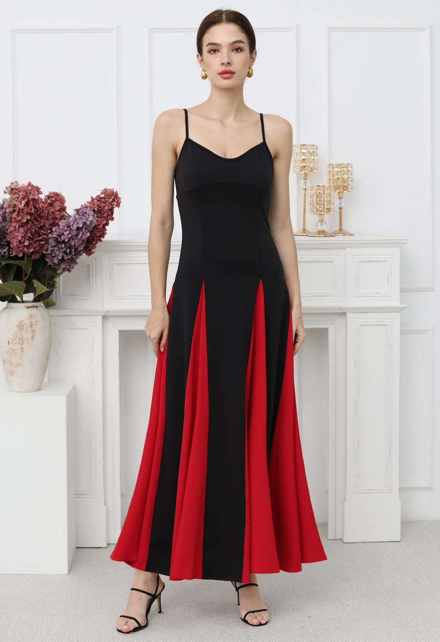 Stylish Contrast Color Panel Cami Maxi Dress in Red