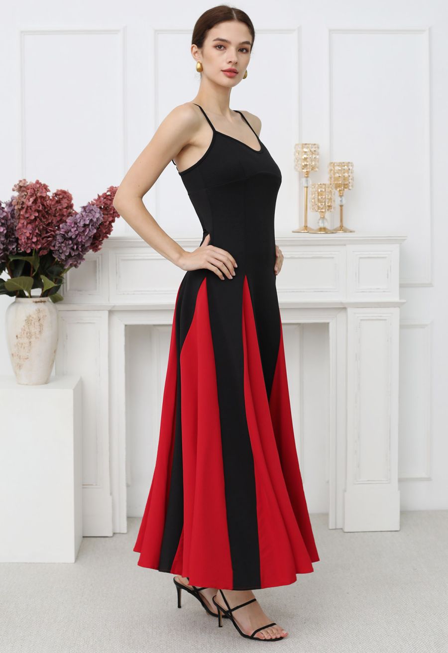 Stylish Contrast Color Panel Cami Maxi Dress in Red
