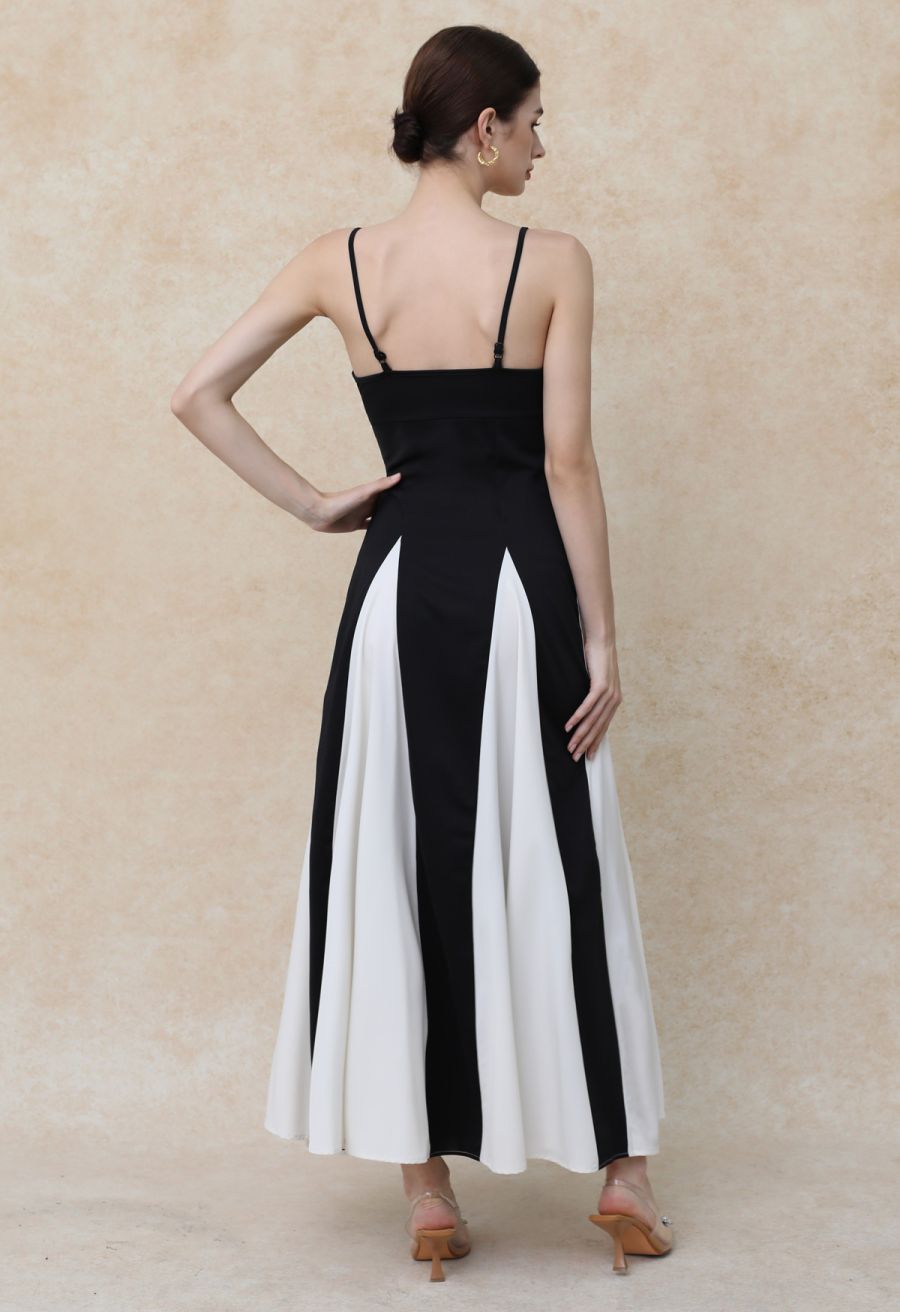 Stylish Contrast Color Panel Cami Maxi Dress in Ivory