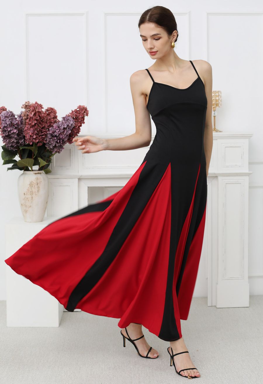 Stylish Contrast Color Panel Cami Maxi Dress in Red