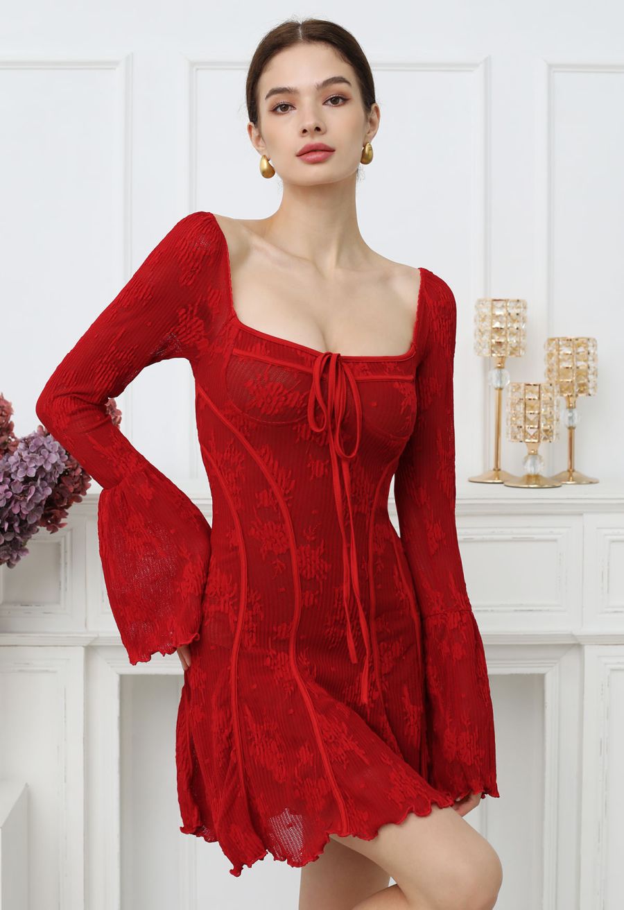 Square Neck Floral Binding Trimmed Mini Dress in Red