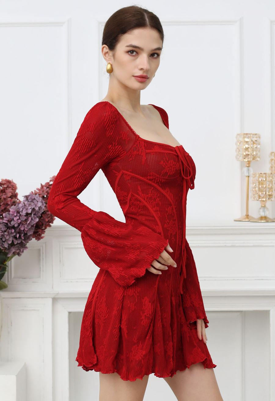 Square Neck Floral Binding Trimmed Mini Dress in Red