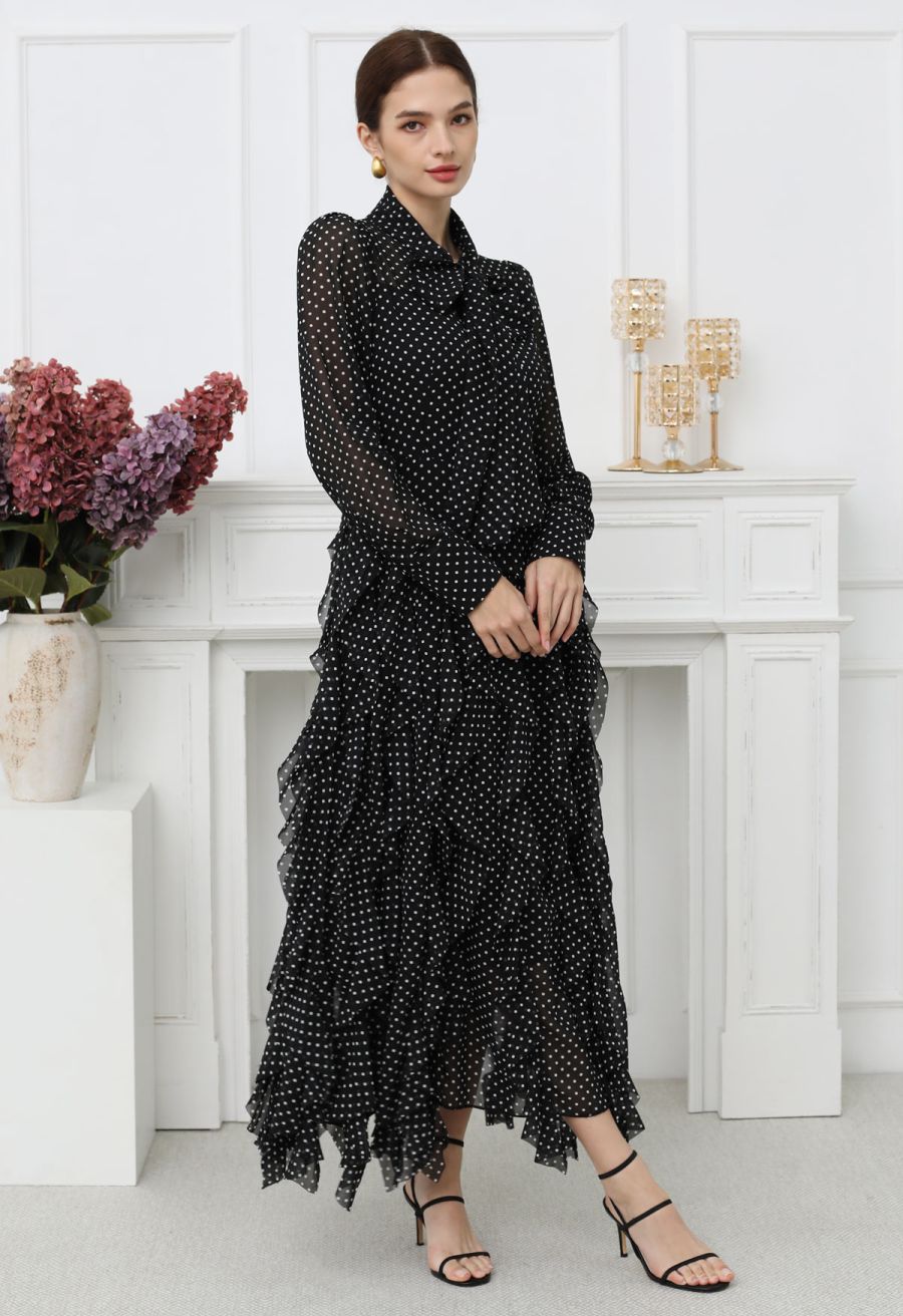 Cascade Ruffle Polka Dot Bowknot Chiffon Maxi Dress in Black