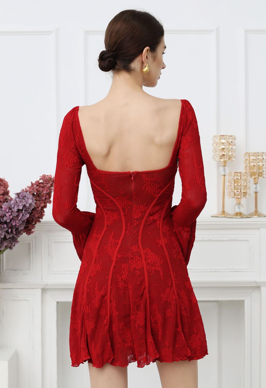 Square Neck Floral Binding Trimmed Mini Dress in Red