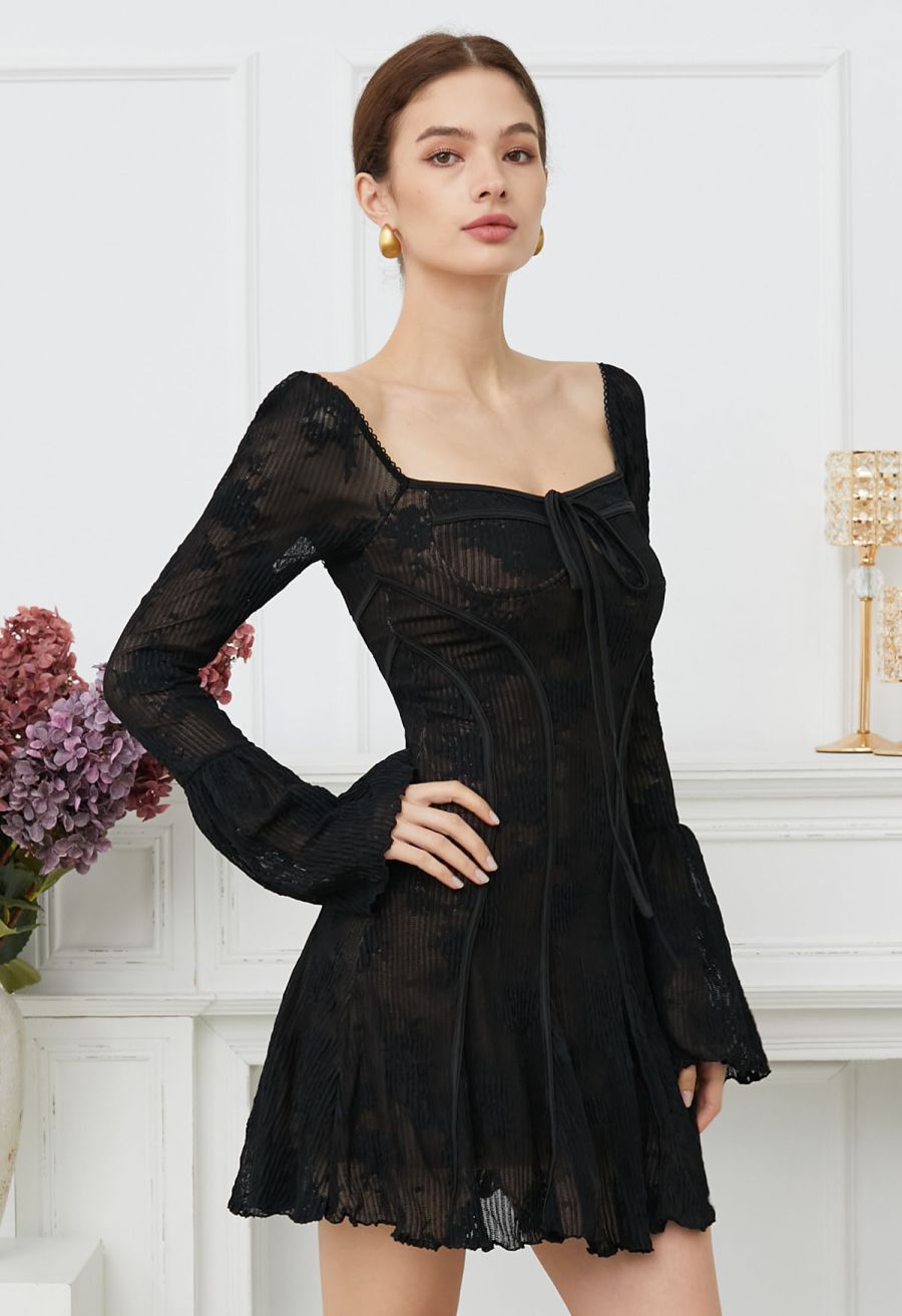 Square Neck Floral Binding Trimmed Mini Dress in Black