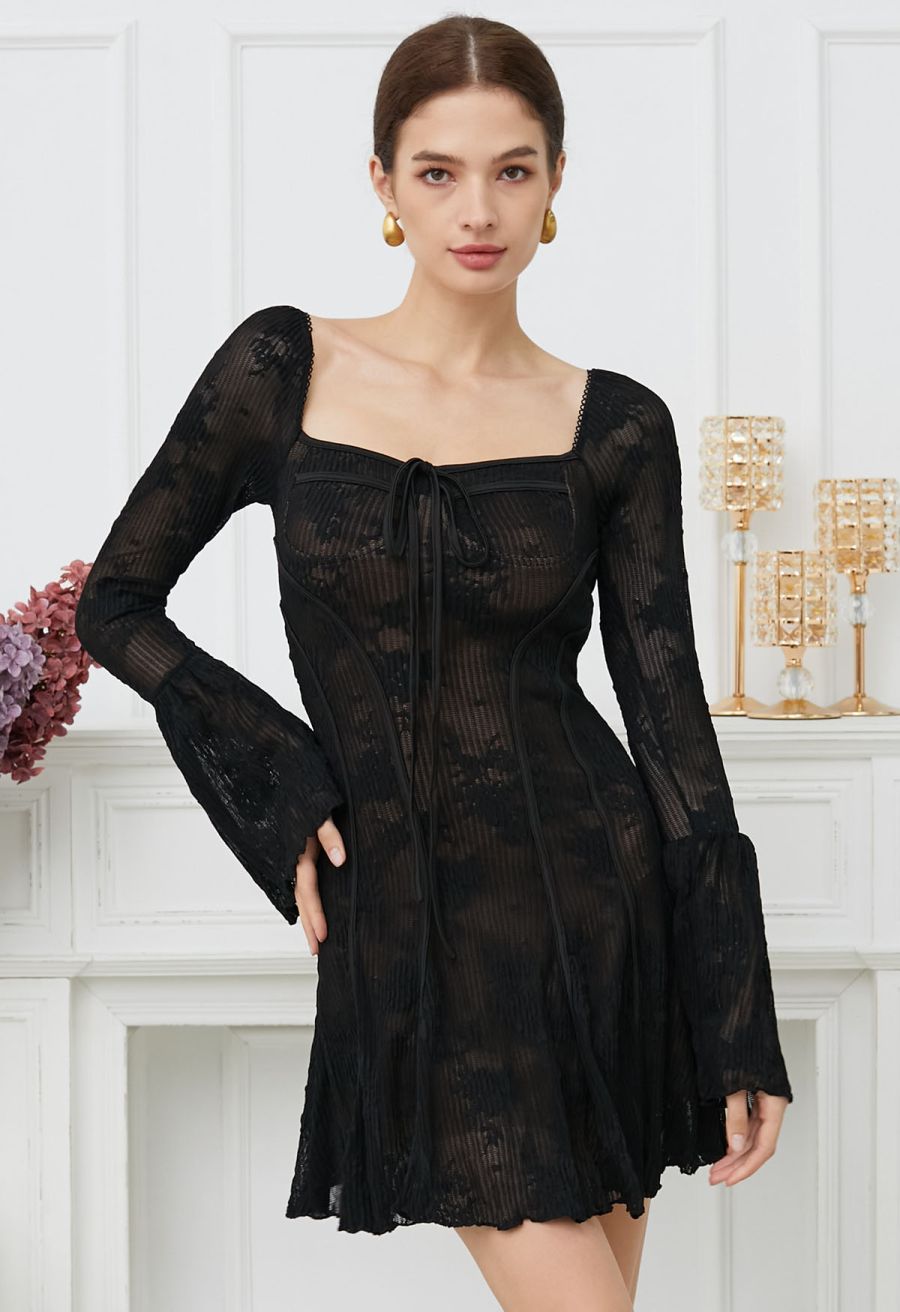 Square Neck Floral Binding Trimmed Mini Dress in Black