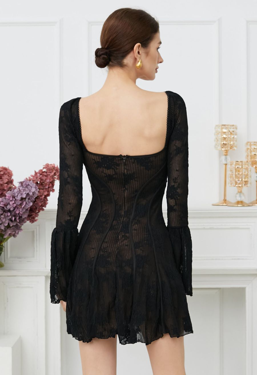 Square Neck Floral Binding Trimmed Mini Dress in Black