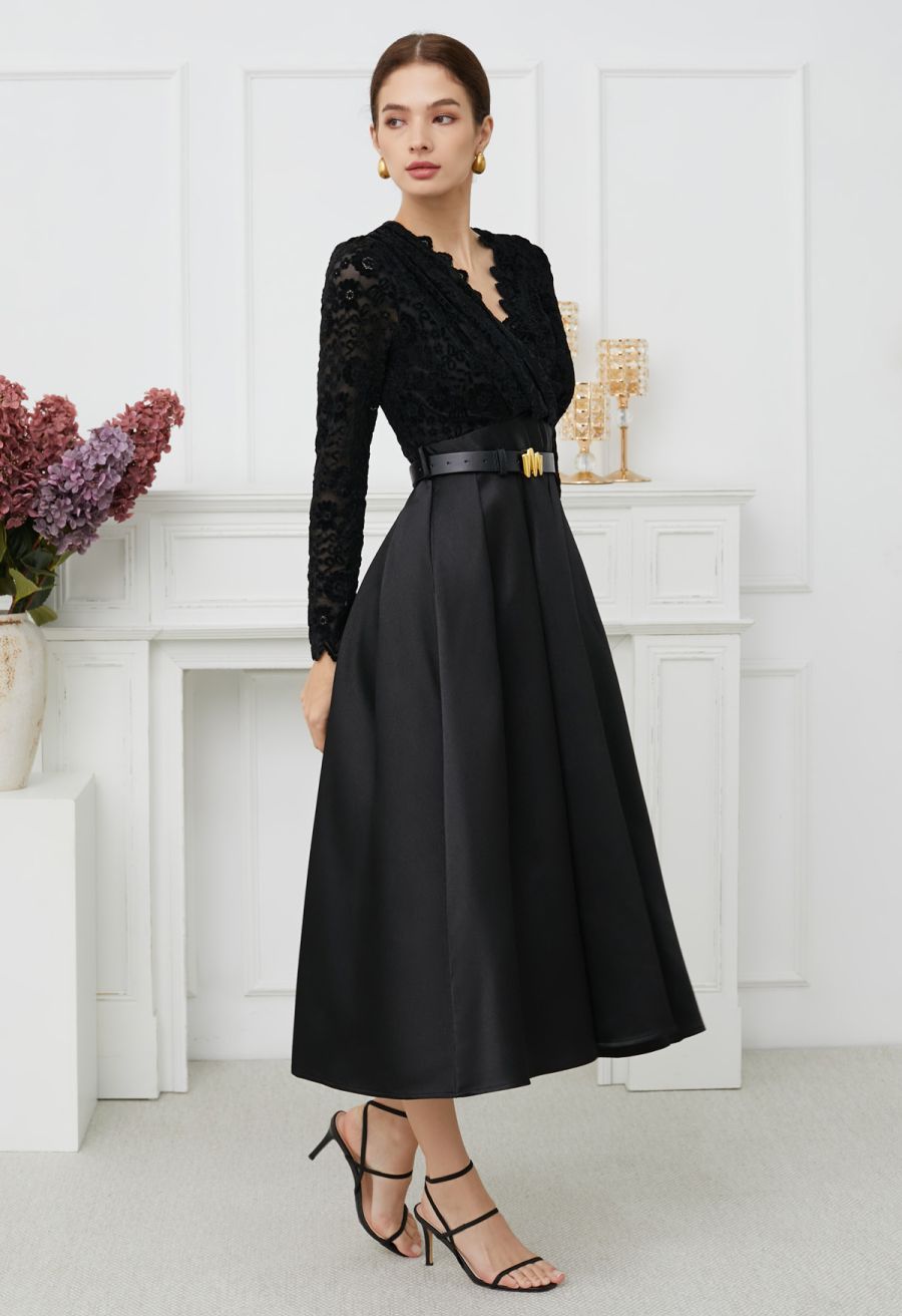 Velvet Floral Lace Spliced Belted Sheen Midi Dress in Black