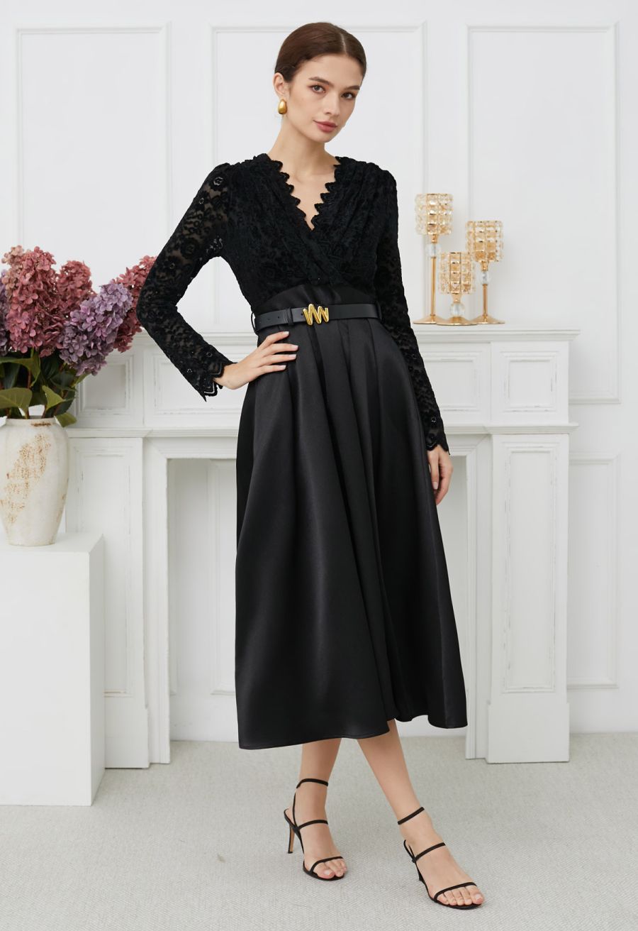 Velvet Floral Lace Spliced Belted Sheen Midi Dress in Black