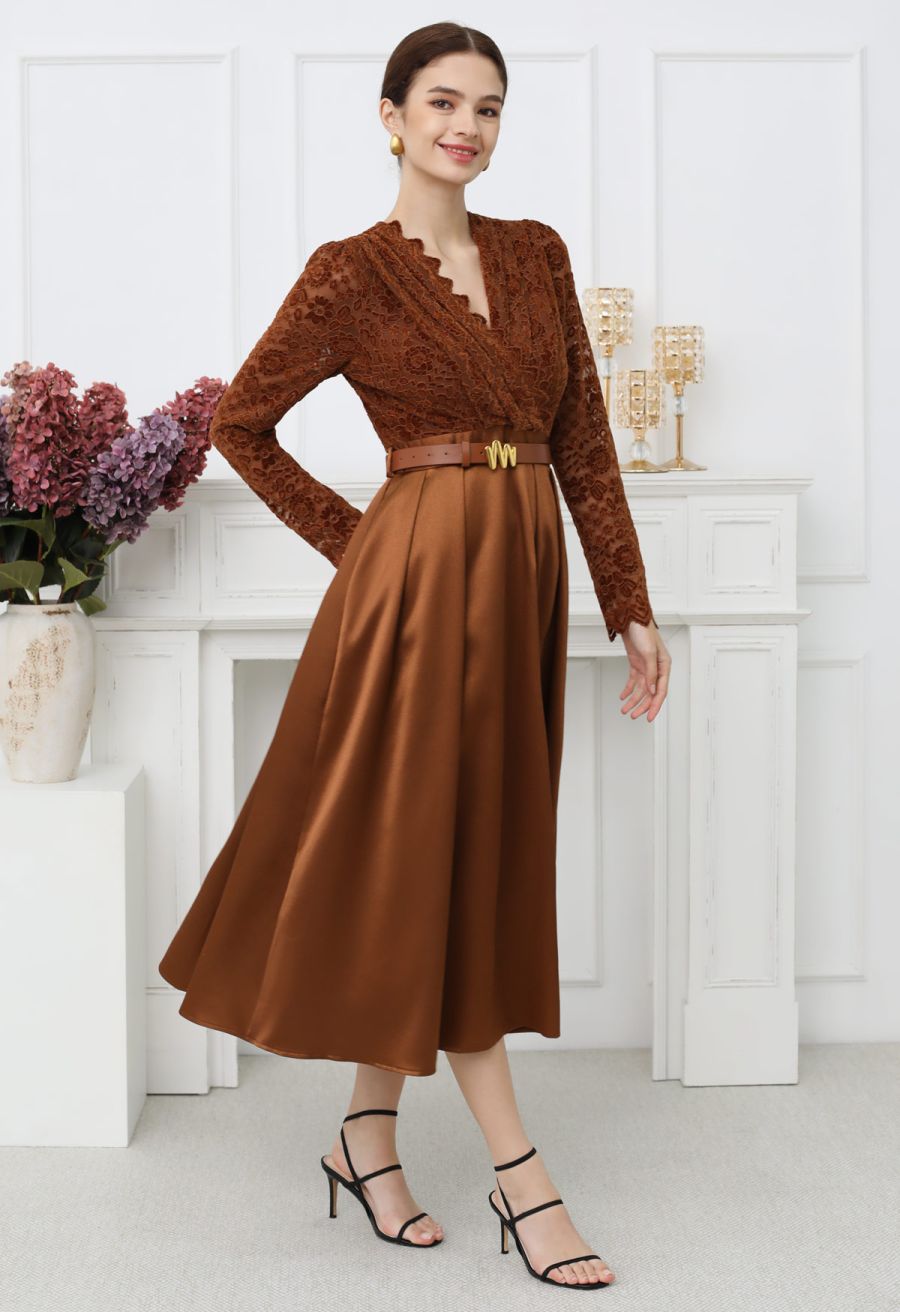 Velvet Floral Lace Spliced Belted Sheen Midi Dress in Caramel