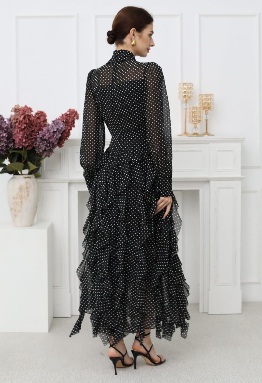 Cascade Ruffle Polka Dot Bowknot Chiffon Maxi Dress in Black