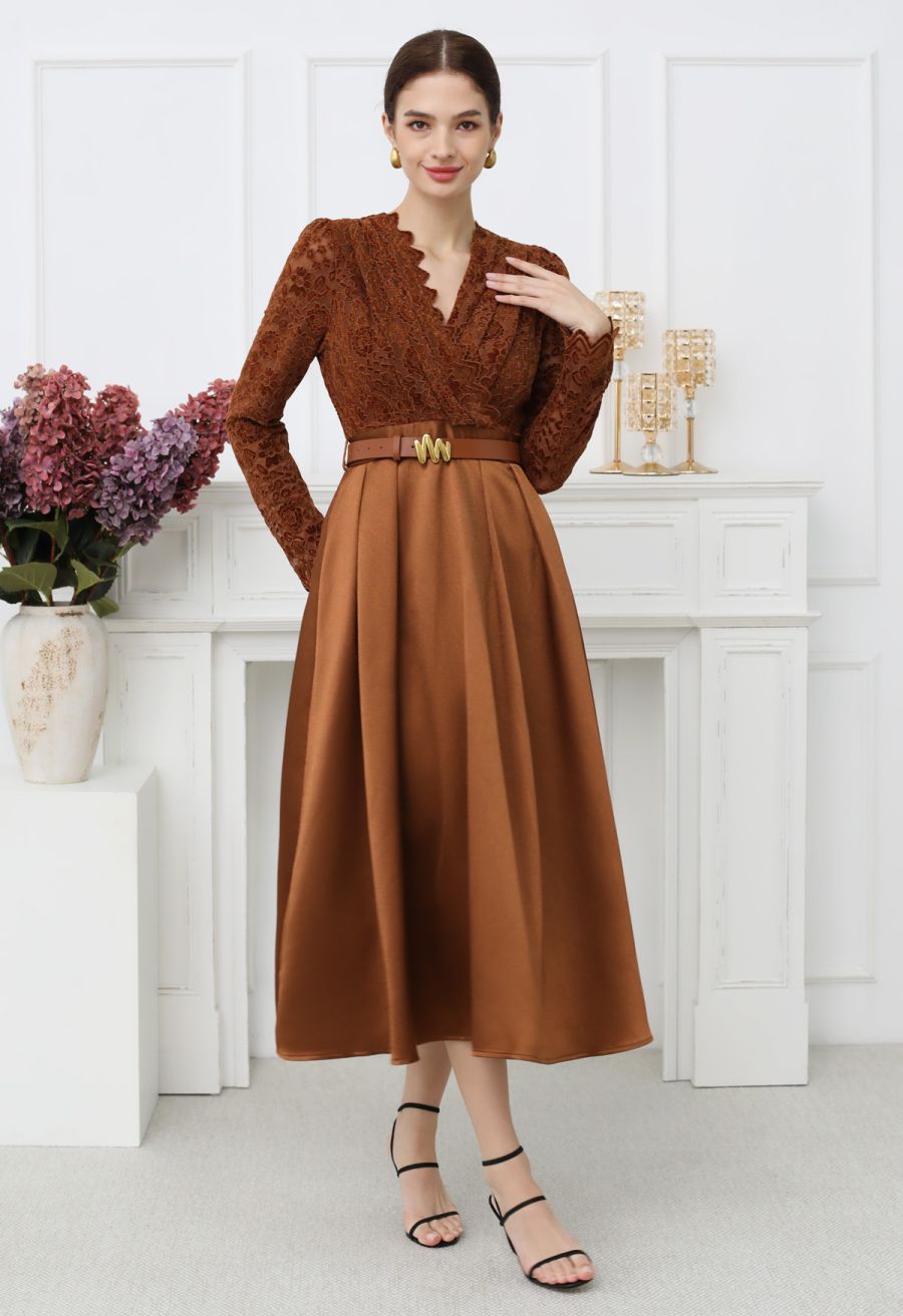 Velvet Floral Lace Spliced Belted Sheen Midi Dress in Caramel